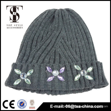 100% acrílico Alta qualidade personalizado chapéu de inverno beanie, pom-pom personalizado beanie com jóias